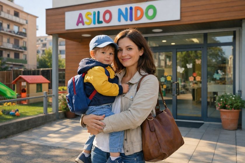 bonus asilo nido 2026 mamma con bambino davanti al nido