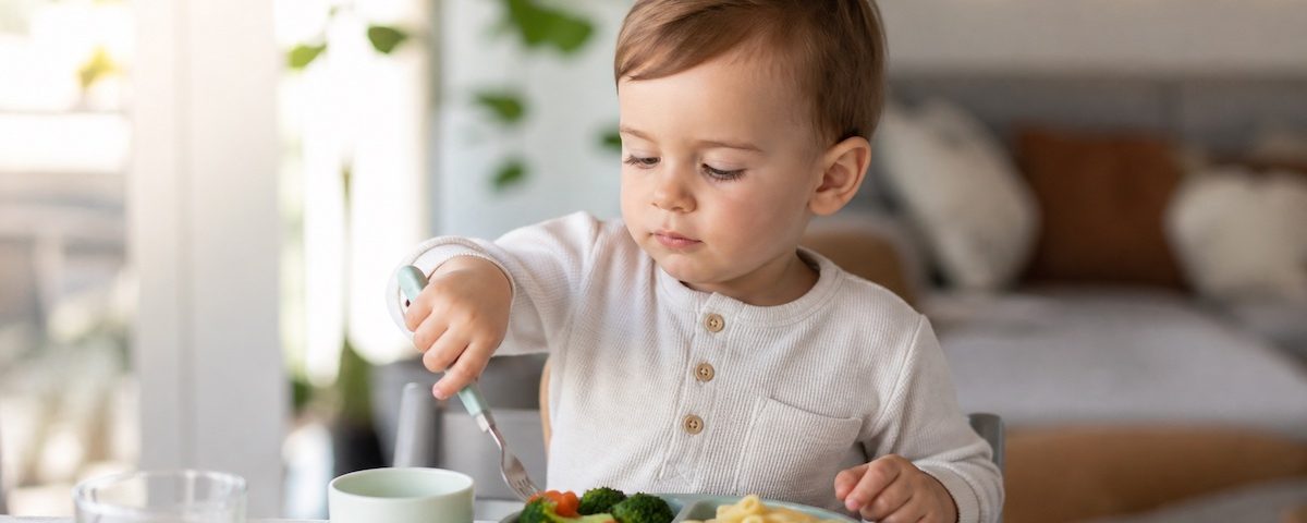 Bambino di 2 anni seduto a tavola con piatti sani e bilanciati