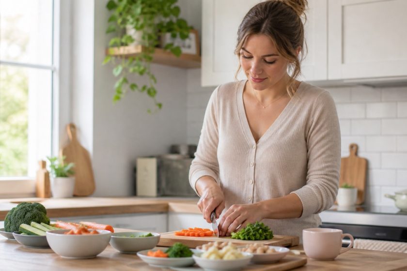 Genitore prepara pasti sani e bilanciati per bambino di 2 anni in cucina