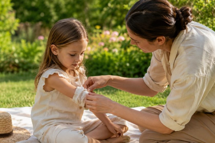 Bambino all’aperto con genitore vicino durante una giornata estiva, immagine a tema prevenzione delle punture.