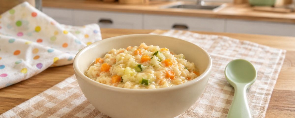 Ciotola con pancotto per bambini preparato con pane e verdure