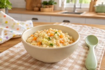 Ciotola con pancotto per bambini preparato con pane e verdure