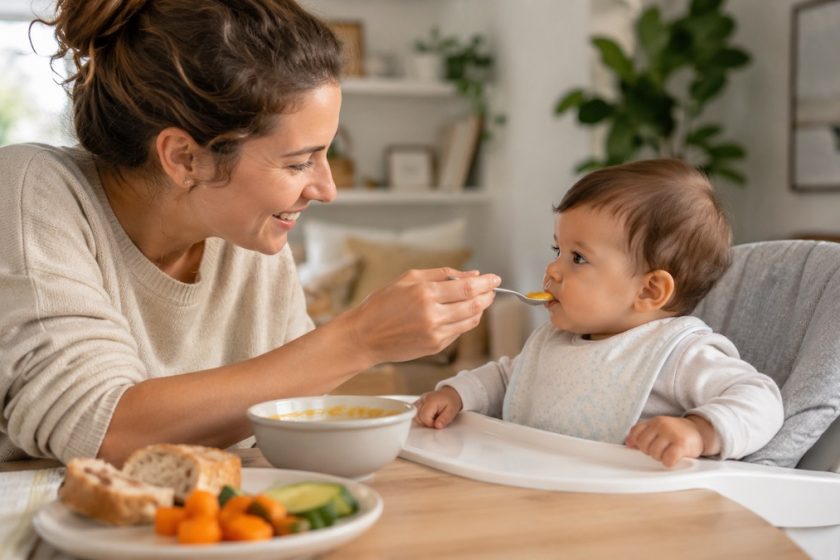 Genitore offre una pappa morbida a un bambino durante lo svezzamento