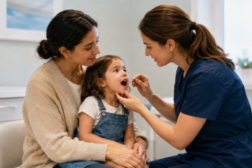 Dentista pediatrica controlla la bocca di un bambino dopo un trauma