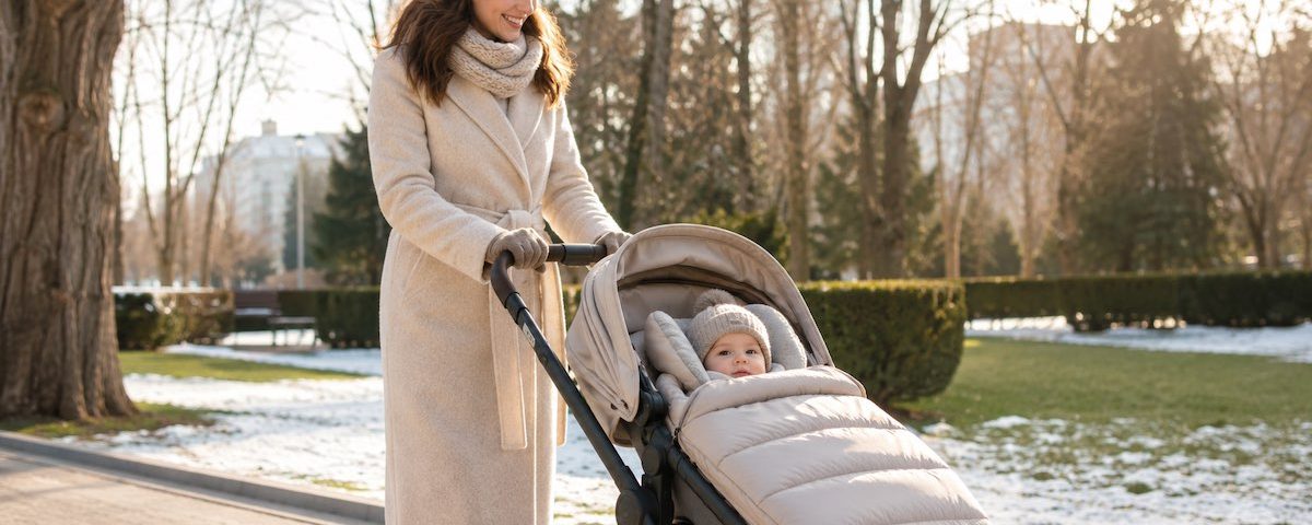 Madre passeggia con un neonato protetto da un sacco termico per passeggino