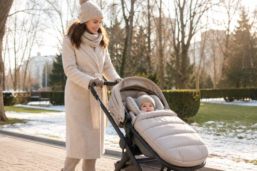 Madre passeggia con un neonato protetto da un sacco termico per passeggino