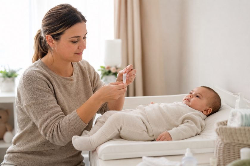 Madre prepara una supposta pediatrica accanto al fasciatoio