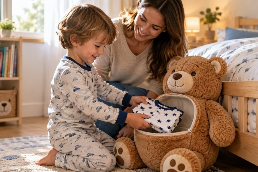 Bambino ripone un pigiama piegato in un peluche portapigiama