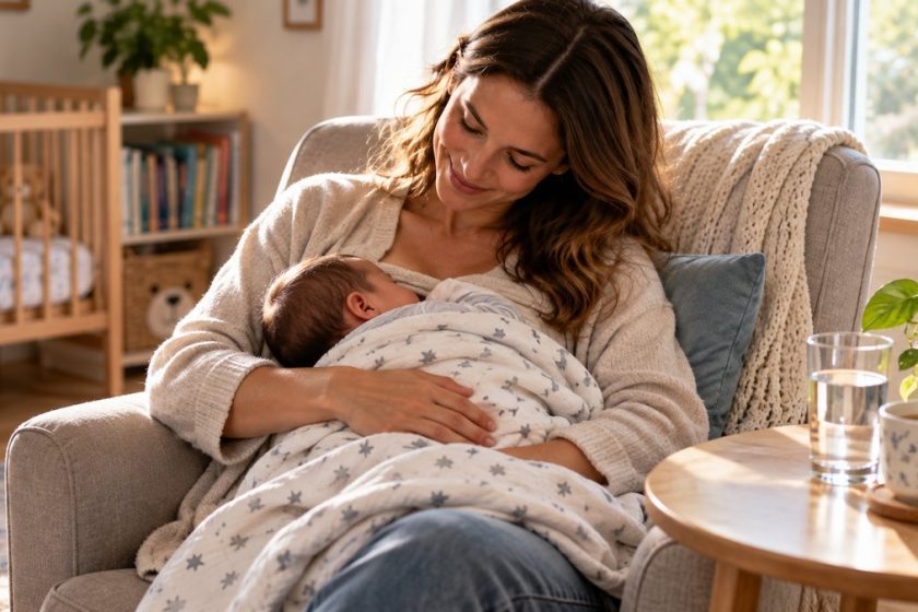 Mamma allatta il suo bambino mentre tiene una bevanda tiepida vicino