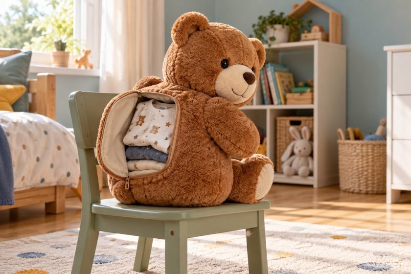 Peluche portapigiama con un pigiama piegato nella schiena